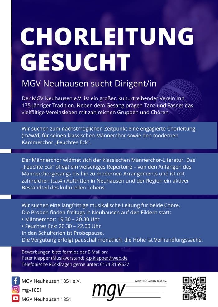 Plakat des MGV Neuhausen 1851: Chorleitung gesucht