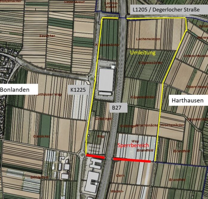Lageplan der Sperrung am Feldweg Arthur-B.-Modine-Straße in Filderstadt