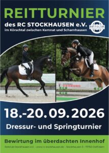 Plakat des Reitclubs Stockhausen: Dressur- und Springturnier vom 18. bis 20. September 2026 im Körschtal zwischen Kemnat und Scharnhausen, mit Fotos einer Dressurreiterin und einer Springreiterin. Bewirtung im überdachten Innenhof.