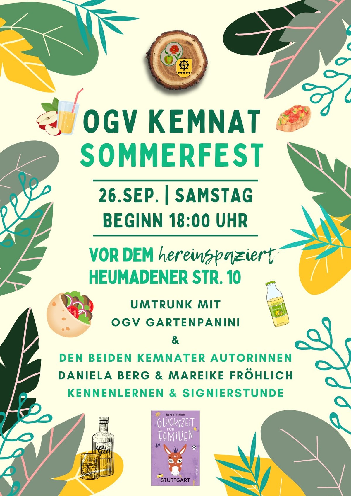 Plakat zum Sommerfest des Obst- und Gartenbauvereins Kemnat am Samstag, 26. September, ab 18 Uhr vor dem Laden hereinspaziert in der Heumadener Straße 10, mit Umtrunk, Gartenpanini und Signierstunde der Autorinnen Daniela Berg und Mareike Fröhlich.