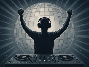 Illustration eines DJs vor einer Discokugel