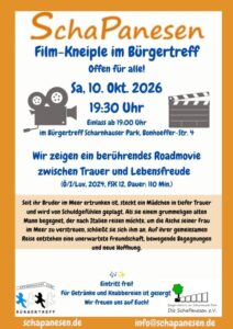 Plakat zum Film-Kneiple der SchaPanesen im Bürgertreff Scharnhauser Park