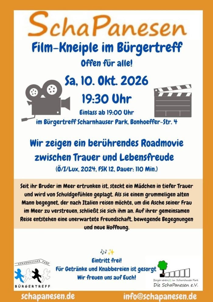 Plakat zum Film-Kneiple der SchaPanesen im Bürgertreff Scharnhauser Park