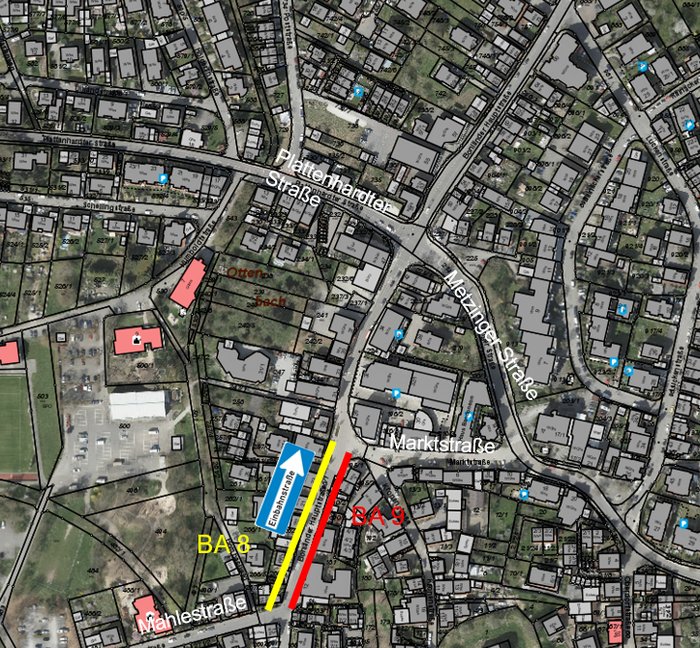 Luftbild mit den markierten Bauabschnitten und der Einbahnstraße an der Bonländer Hauptstraße