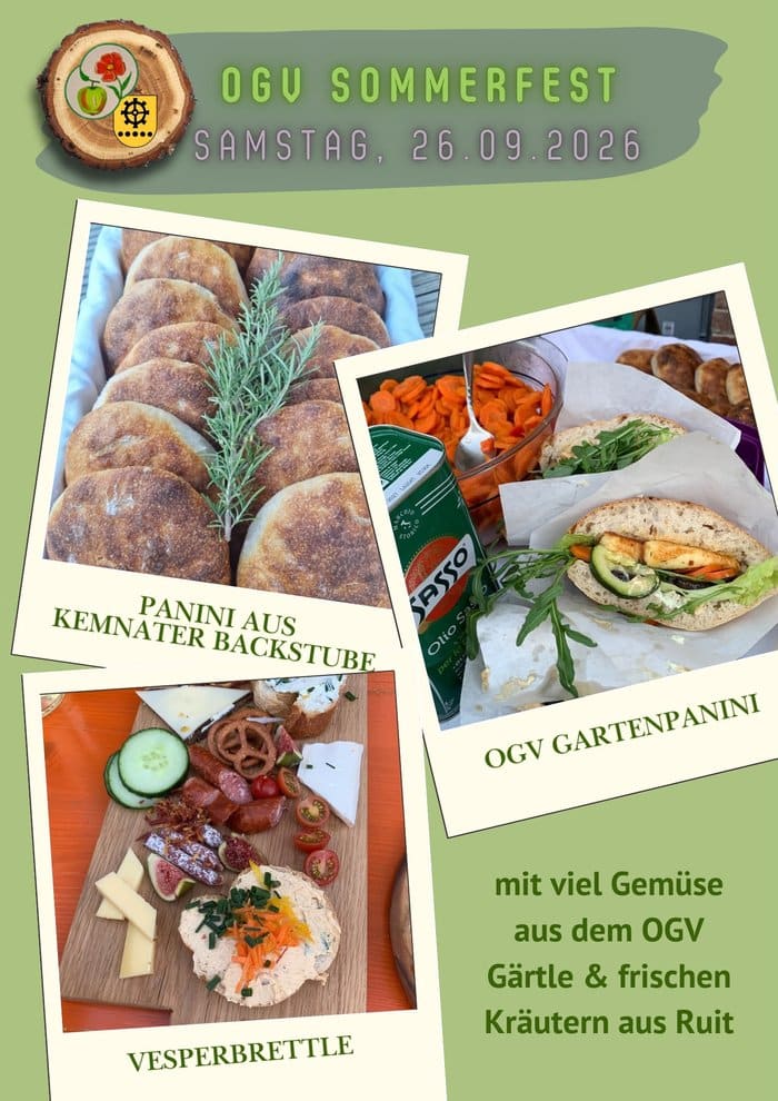 Collage vom Sommerfest des OGV Kemnat: Panini, Gartenpanini mit Gemüse und Vesperbrettle