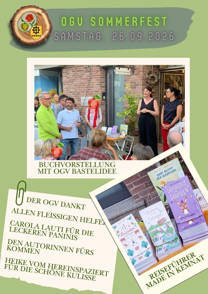 Collage vom Sommerfest des OGV Kemnat: Buchvorstellung mit zwei Autorinnen und Dank des Vereins
