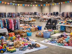 Halle mit Tischen voller Kinderkleidung, Spielsachen und Kinderwagen
