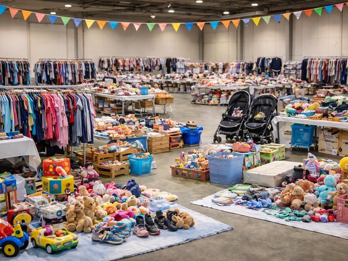 Halle mit Tischen voller Kinderkleidung, Spielsachen und Kinderwagen