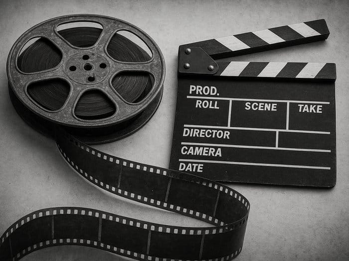 Filmrolle und Filmklappe in Schwarz-Weiß