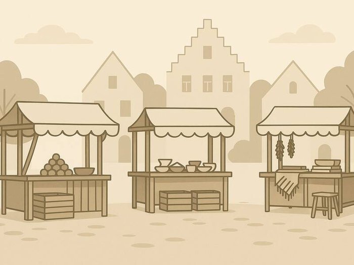 Illustration von Marktständen vor Fachwerkhäusern