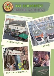 Collage vom Sommerfest des OGV Kemnat: Gäste vor dem Laden Hereinspaziert, OGV-Gin, Juterucksäcke und ein historischer Traktor