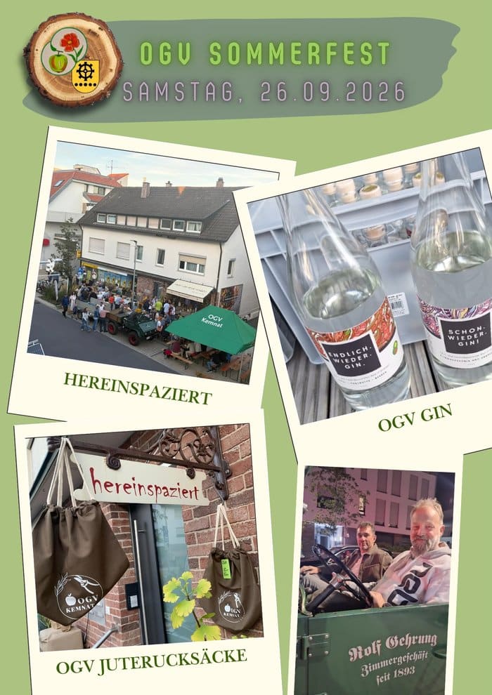 Collage vom Sommerfest des OGV Kemnat: Gäste vor dem Laden Hereinspaziert, OGV-Gin, Juterucksäcke und ein historischer Traktor