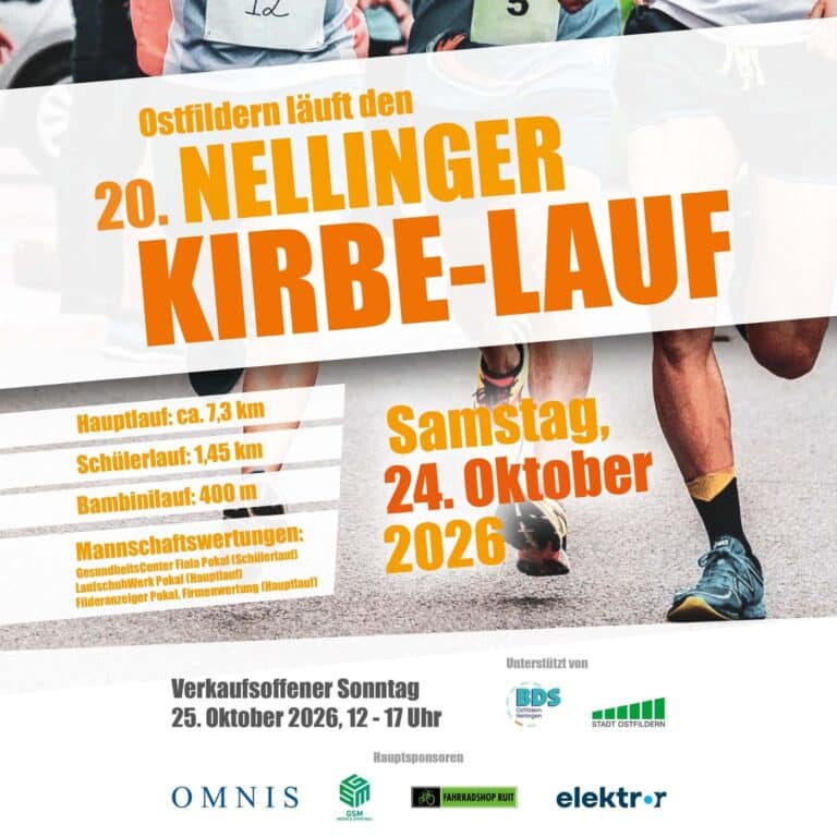 Ostfildern läuft den 20. Nellinger Kirbe-Lauf am Samstag, 24. Oktober 2026. Hauptlauf etwa 7,3 Kilometer, Schülerlauf 1,45 Kilometer, Bambinilauf 400 Meter. Mannschaftswertungen um den GesundheitsCenter Fiala Pokal im Schülerlauf, den LaufschuhWerk Pokal und den Filderanzeiger Pokal in der Firmenwertung im Hauptlauf. Verkaufsoffener Sonntag am 25. Oktober 2026 von 12 bis 17 Uhr. Unterstützt von BDS Ostfildern Nellingen und der Stadt Ostfildern. Hauptsponsoren Omnis, GSM Messe und Eventbau, Fahrradshop Ruit und Elektror.