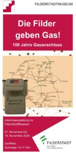 Flyer der Ausstellung „Die Filder geben Gas!“ mit historischer Gasnetzkarte und altem Gaszähler