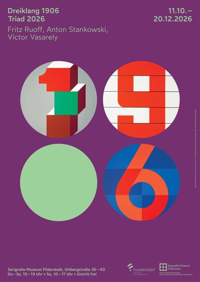 Plakat der Ausstellung Dreiklang 1906 / Triad 2026 im Serigrafie-Museum Filderstadt