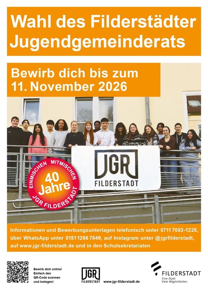 Plakat zur Wahl des Filderstädter Jugendgemeinderats mit Gruppenfoto und JGR-Banner
