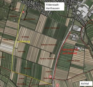Luftbild mit gesperrtem Radweg entlang der Grötzinger Straße und Umleitung zwischen Harthausen und Aichtal